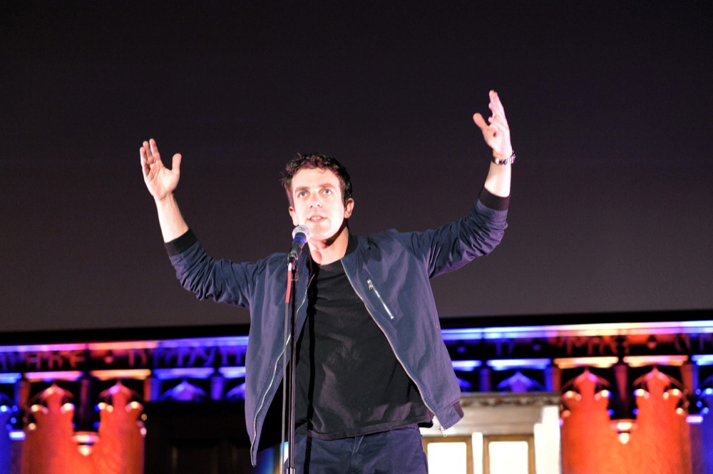 Comedian B.J. Novak performs to a nearly-full Graham Chapel on Wednesday night. Students lined up for hours before doors opened at 7 p.m. due to sellout crowds for Bo Burnham’s performance in the fall.