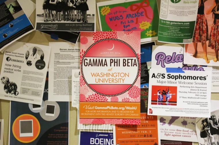 A flyer for Gamma Phi Beta recruitment hangs in the Danforth University Center on Tuesday morning. This past weekend, bids were extended to women who wanted to join the newly refounded sorority.