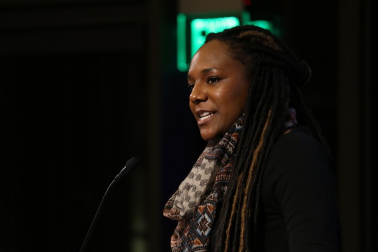 Newsome speaks in Hillman Hall on Wednesday evening. She was most recently in the spotlight for her activism in removing the Confederate battle flag from the South Carolina State House.