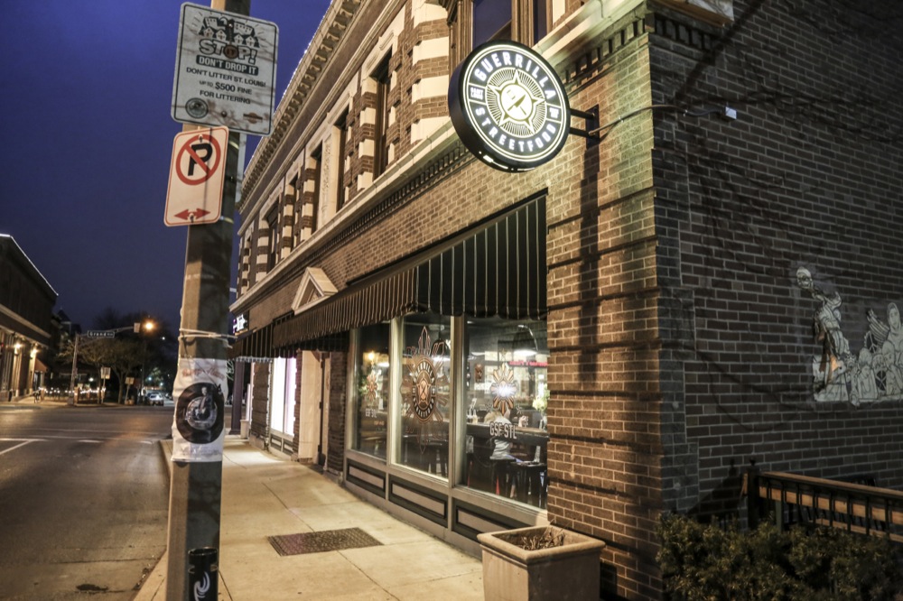 The brick-and-mortar location of Guerrilla Street Food serves Filipino-inspired cuisine. The business, known for their food truck, is owned by entrepreneur Joel Crespo and chef Brian Hardesty.