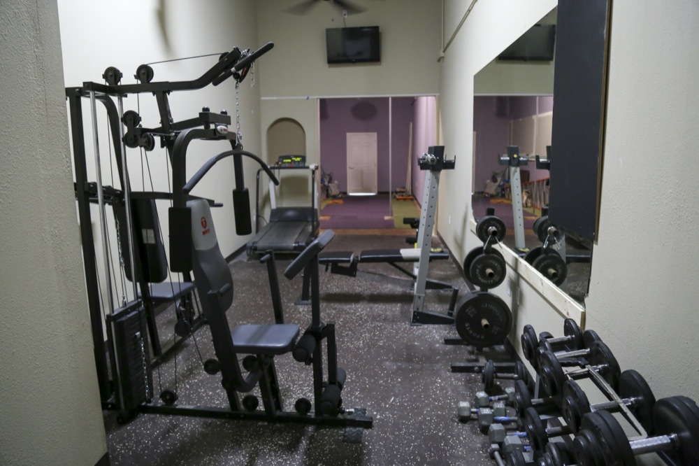 Fitness equipment sits in the back of It’s A Wrap on Delmar Boulevard.