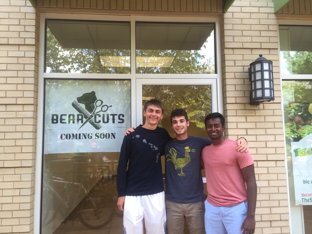 Sophomores Ben Trunnel, left, Ben Tiger and Vihar Desu stand in front of the newly opened Bear Cuts, a business geared towards giving students an affordable and convenient place to have their hair cut. The three created the business after finding no easy way to get a haircut during their freshman year.