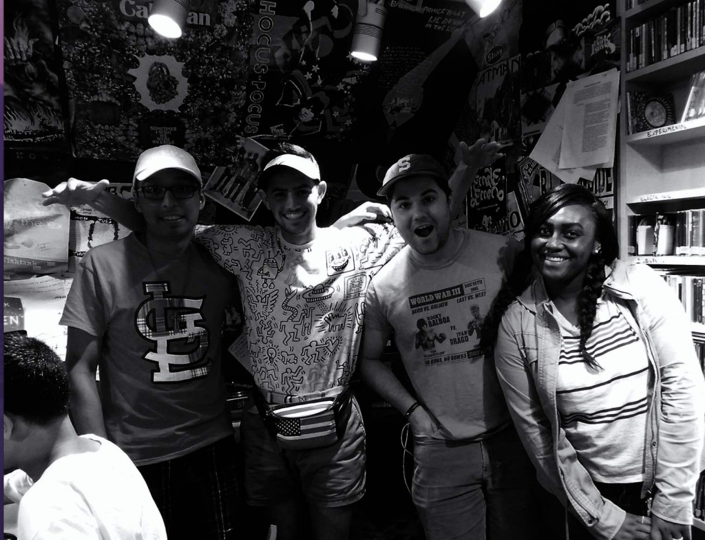 KWUR: Adventures in Radioland participants Cesar Chavez, left, and Sam Fisher, as well as counselor Nick Machak hang out in the KWUR studio. The program included trips to performances around St. Louis as well as training for the KWUR radio station.