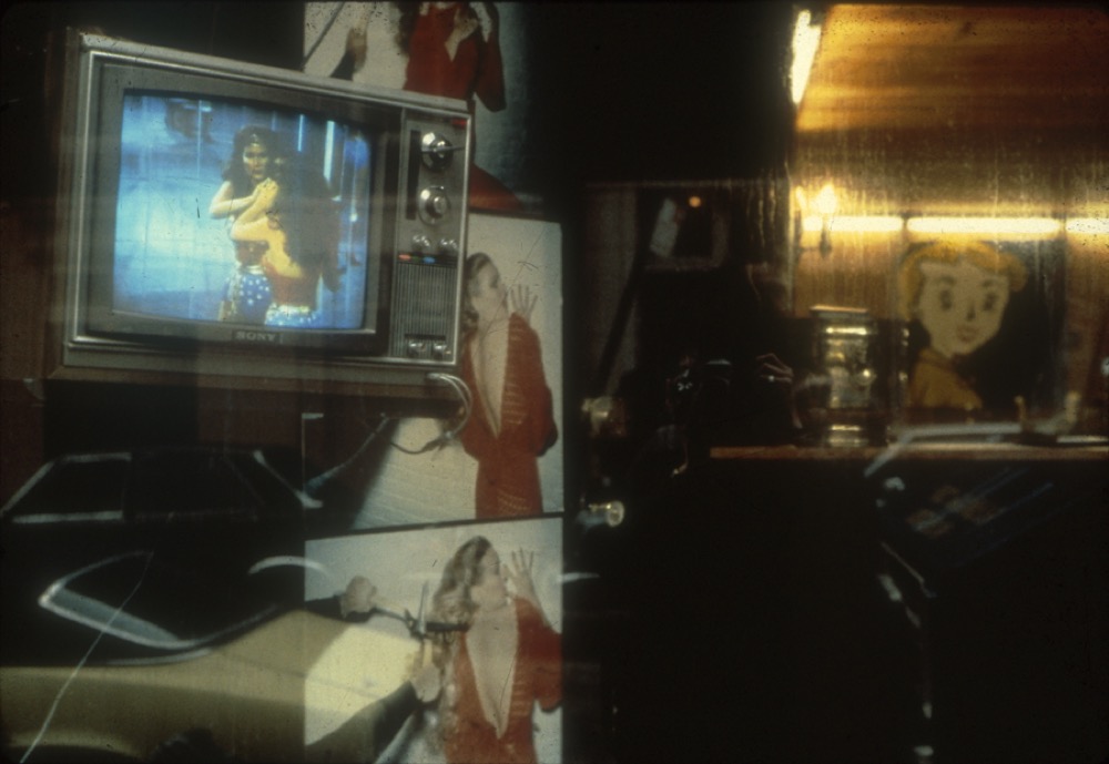 Stills from Dara Birnbaum’s films “Technology/Transformation: Wonder Woman” (1978-79), right, and “Kiss the Girls: Make them Cry,” center. An exhibit of Birnbaum’s work, left, recently opened as part of the Saint Louis Art Museum’s New Media Series, and will run until Dec. 11 in Gallery 301.