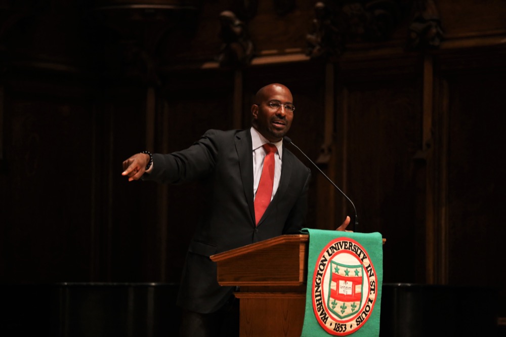 Activist Van Jones speaks at Graham Chapel on Tuesday night. Jones spoke on the interconnectedness of the environment and community, emphasizing change through solidarity.