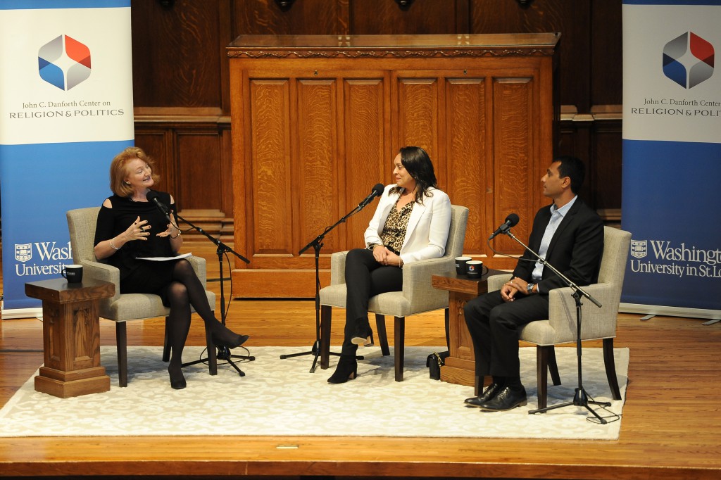 Krista Tippett begins Danforth Dialogues: Envisioning The Future Of Religion And Politics In America by engaging with Eboo Patel and Natasha Trethewey on “Religion and Conceptions of the Common Good.” The free ticketed event was held in Graham Chapel on Saturday, Oct. 8, 2016.