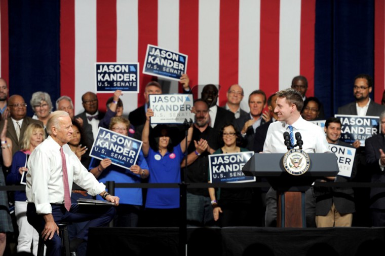 Vice President Joe Biden, left, and Secretary of State of Missouri Jason Kander interact during a campaign stop at the Pageant. Biden praised Kander’s leadership and potential for bettering Washington on Friday.