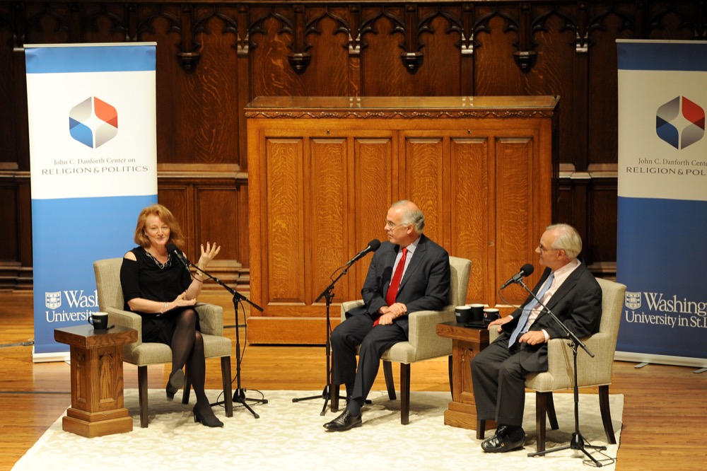Krista Tippett begins the second conversation of Danforth Dialogues: Envisioning The Future Of Religion And Politics In America by engaging with David Brooks and E.J. Dionne Jr. on “Religion and National Politics.” The free ticketed event was held in Graham Chapel on Saturday, Oct. 8, 2016.