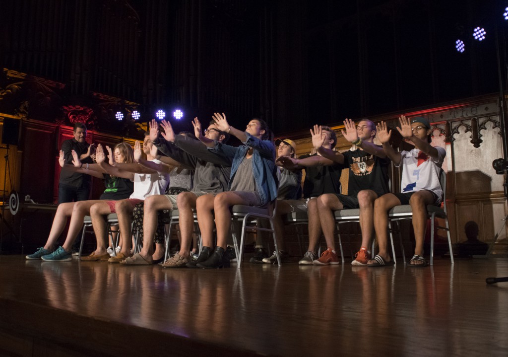 Dale K. hypnotizing student volunteers during the Social Programming Board sponsored show. The free show was held in Graham Chapel on Nov. 2 and featured stunts like when Dale K. convinced ten students to play imaginary instruments as if in an orchestra.