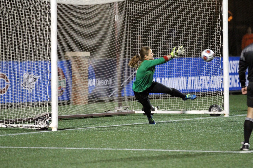 Senior goalkeeper Lizzy Crist fails to stop a penalty kick during a shootout against Messiah College. The Bears prevailed in PKs after coverting on all five of their attempts.