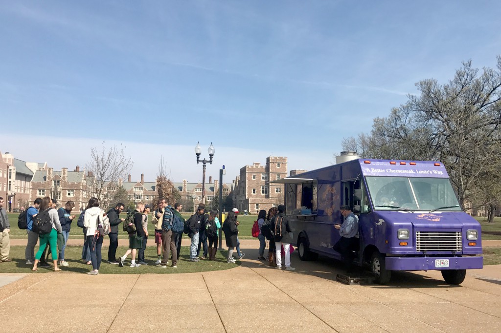 New dining initiative allows students to purchase from food trucks with meal points ELLA CHOCHREK | STUDENT LIFE Students wait in line for the Steak Louie food truck outside the Danforth University Center on Tuesday. A new initiative is testing bringing food trucks to campus that will accept meal points.