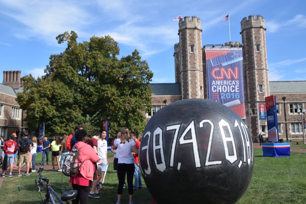 Members of WU/FUSED carried an eight foot ball and chain around campus on the weekend of the second presidential debate to raise awareness for student debt on college students. The group is looking for different ways to advocate for first-year and low-income students on campus.