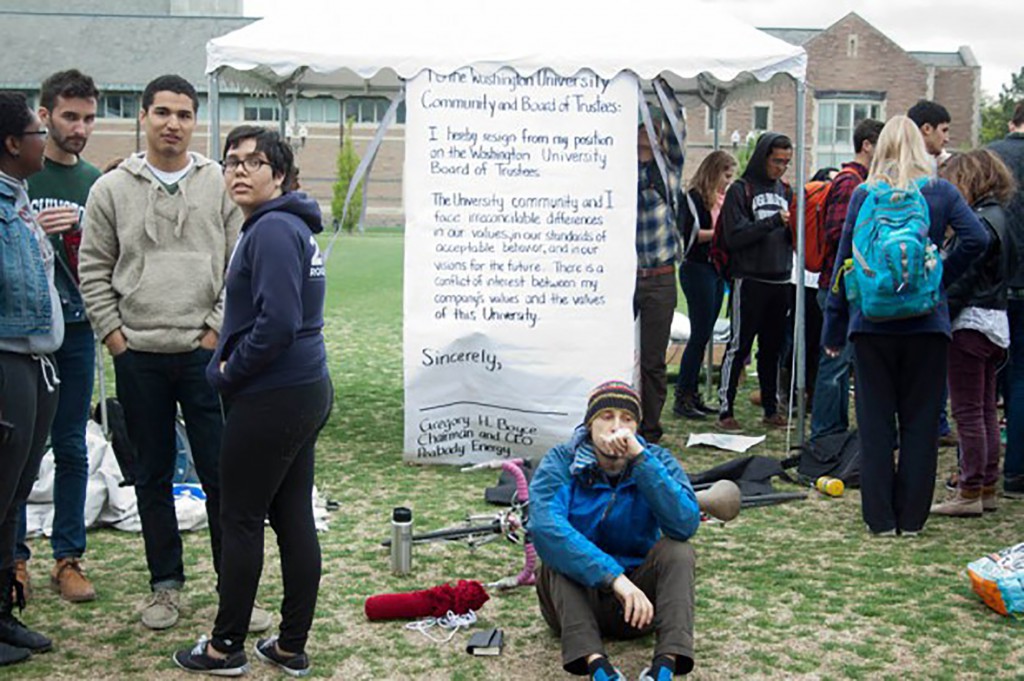 Students Against Peabody protesters planned to deliver a letter to Peabody CEO Greg Boyce asking him to resign from his position on Washington University’s board of trustees in 2014. Boyce resigned from his position on the board of trustees on Nov. 30 for unknown reasons.