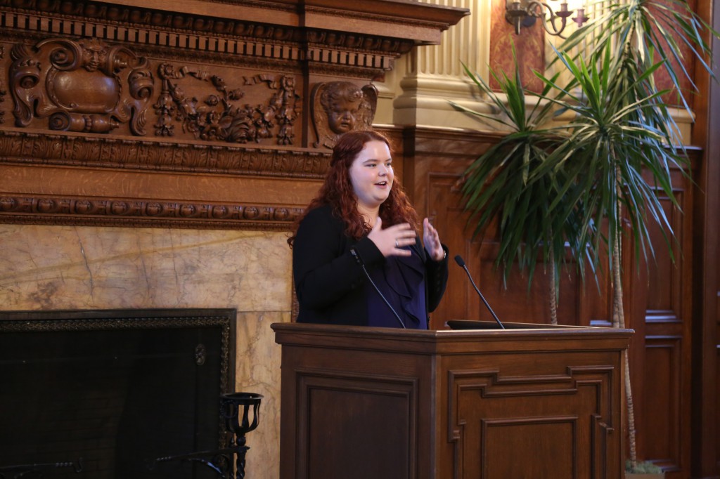 Sophomore Sydney Robinson, the SU president, speaks at the March 28 inauguration. Robinson serves as the body’s 51st president after serving as a Treasury representative, Activities Committee Chair and chief of staff.