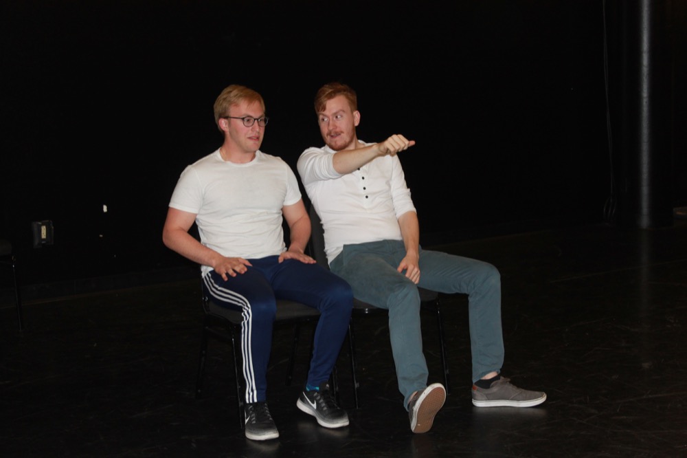 Junior Scott Greenberg (left) and senior Zach Schultz rehearse a scene from “Miscast.” The performance will be held tonight.