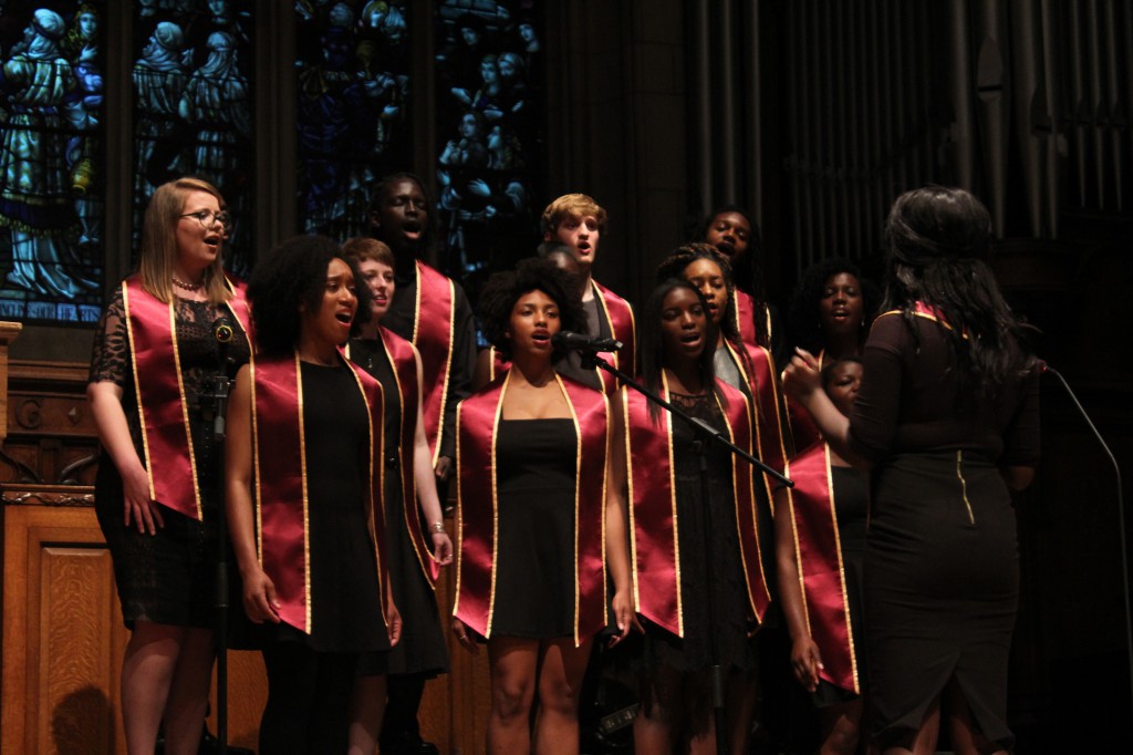 Students perform as part of the Visions Gospel Choir’s Easter concert, called “Revolution.” The Visions Gospel Choir, which operates under the Student Union group Harambee Christian Ministries, was founded in 1977 and recently returned to campus after a brief hiatus.