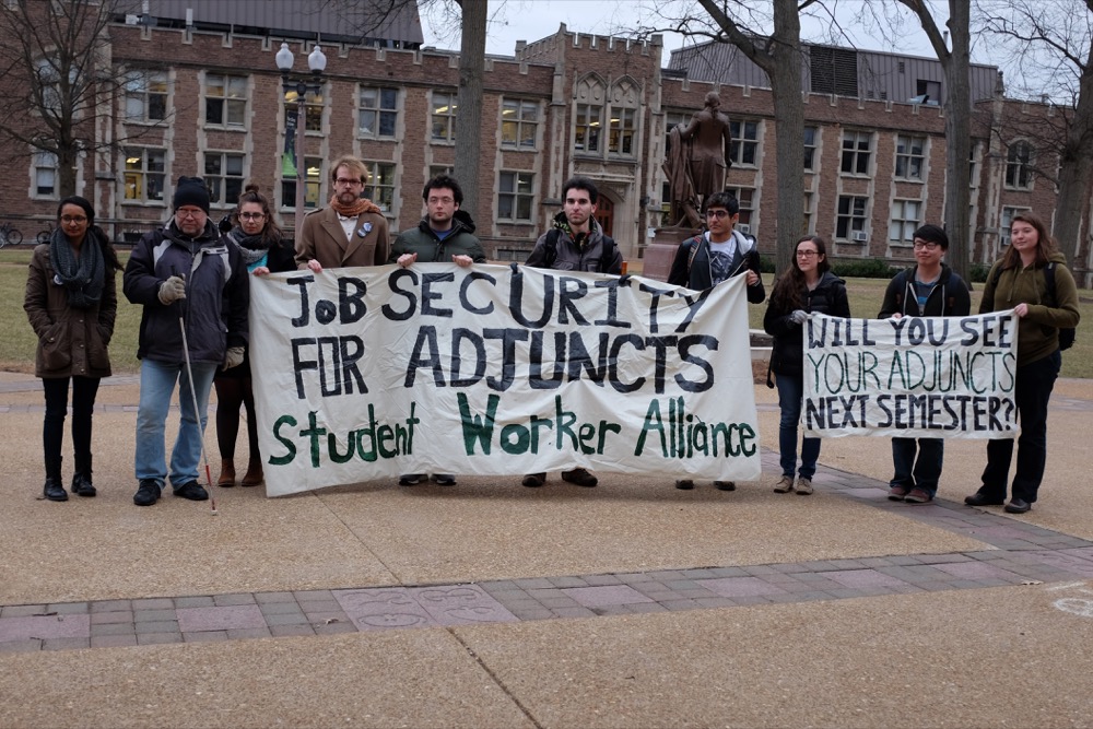 The Student Worker Alliance organizes a march to Chancellor Mark Wrighton in March 2016. Although adjunct professors have since unionized, graduate students at the University now hope to gain the opportunity to form a union of their own.
