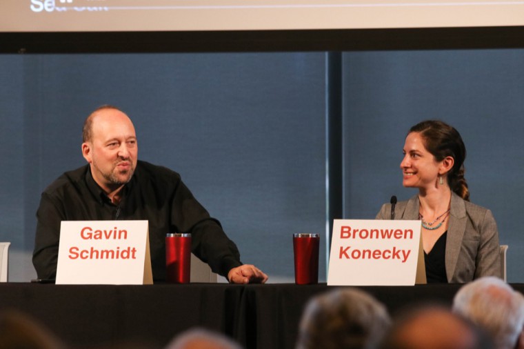 Climatologists Gavin Schmidt and Bronwen Konecky speak at a climate change panel, which was held in Hillman Hall Sept. 18.