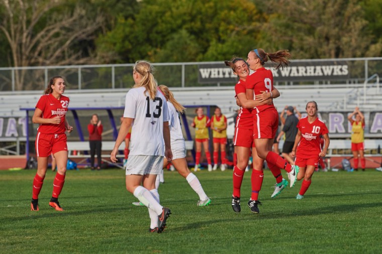 Sophomore Jesse Rubin celebrates after scoring the game winning goal at University of Wisconsin Whitewater.