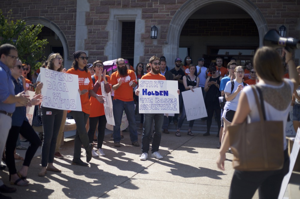 Students rally in favor of unionization at the Danforth University Center Thursday.