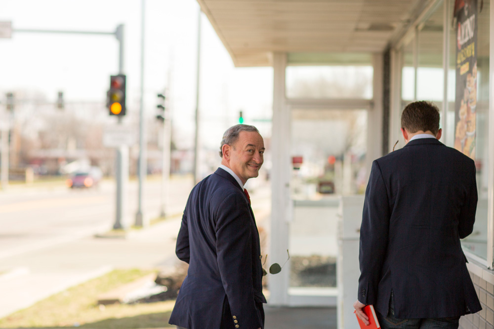 (L-R) Wrighton poses outside Steak ‘n Shake, one of his favorite restaurants, for a 2015 StudentLife piece.  Wrighton addresses the Washington University community after coming to the school in 1995, 22 years ago.