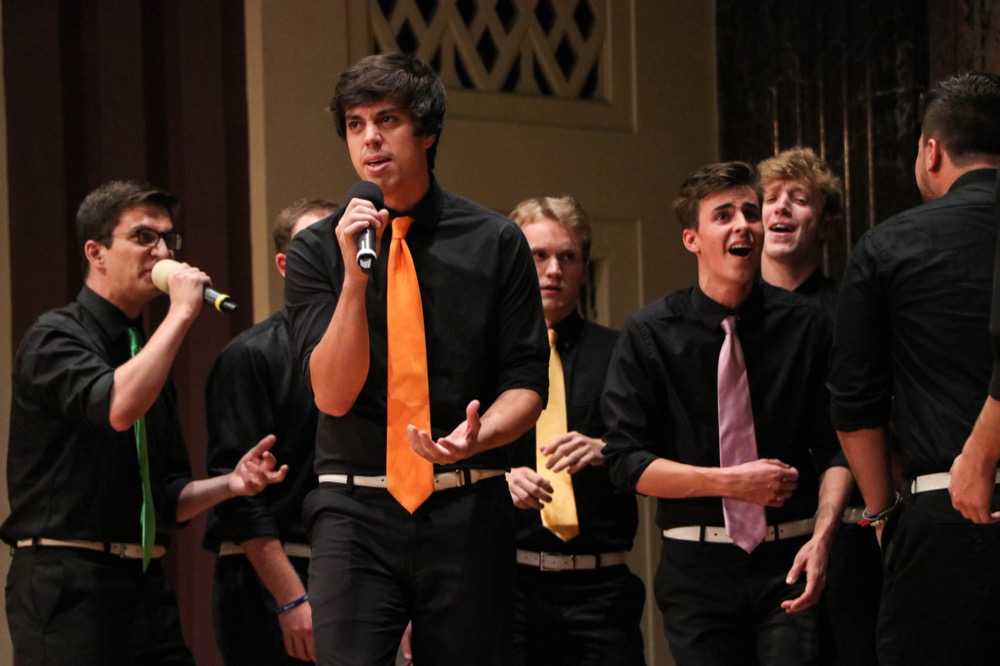 The Stereotypes, one of two all-male a cappella groups at Wash. U., sing onstage as part of Friday’s a cappella show.