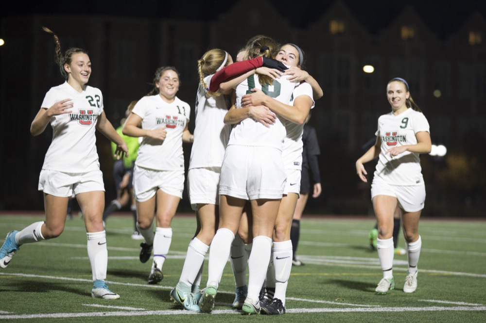 Women’s soccer celebrates after freshman Katy Mockett scores against Dominican College Saturday, Nov. 11. Following a loss to No. 15 University of Wisconsin-La Crosse, the Bears concluded their season, finishing with a 17-2-1 record for the 2017 season.