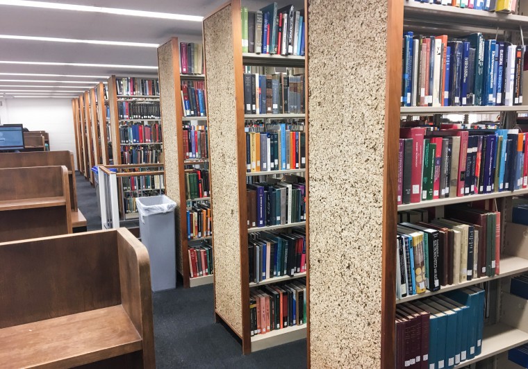 Rows of books are kept in the Pfeiffer Physics Library. Under current renovation plans, the library's size would be greatly slashed.