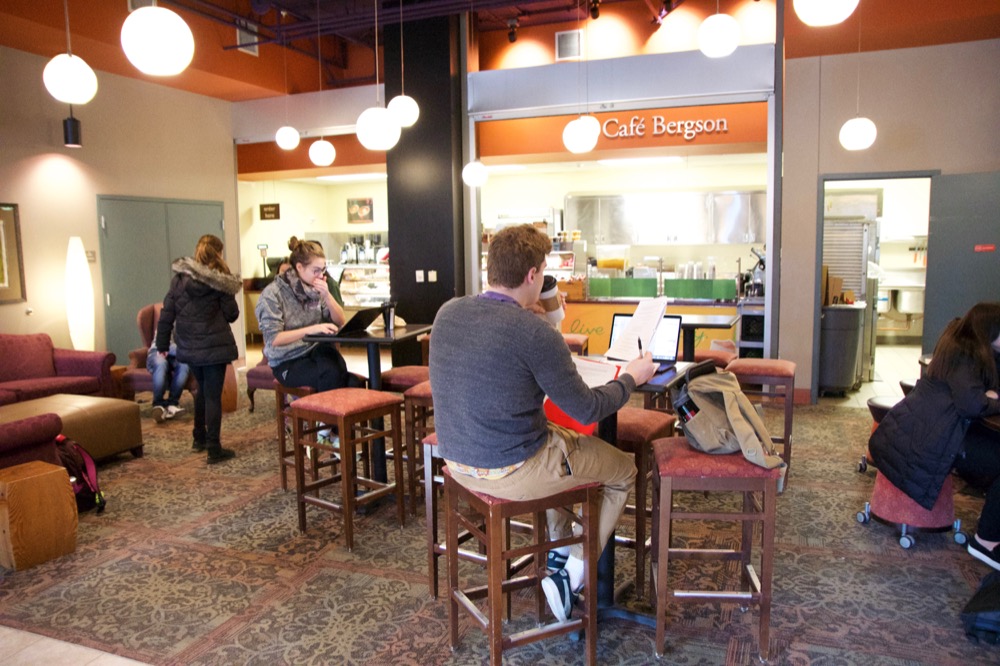 Students study in Cafe Bergson, located in the Danforth University. In response to an increase in weekend admissions visitors, Cafe Bergson has expanded its food offerings to include hot meals, such as soup and sandwiches.