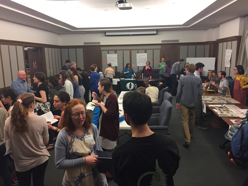 Students attend the Office of Sustainability’s internship fair in the Goldfarb Commons of  Goldfarb Hall. The event followed up on an October 2017 OOS event, an ice cream social.