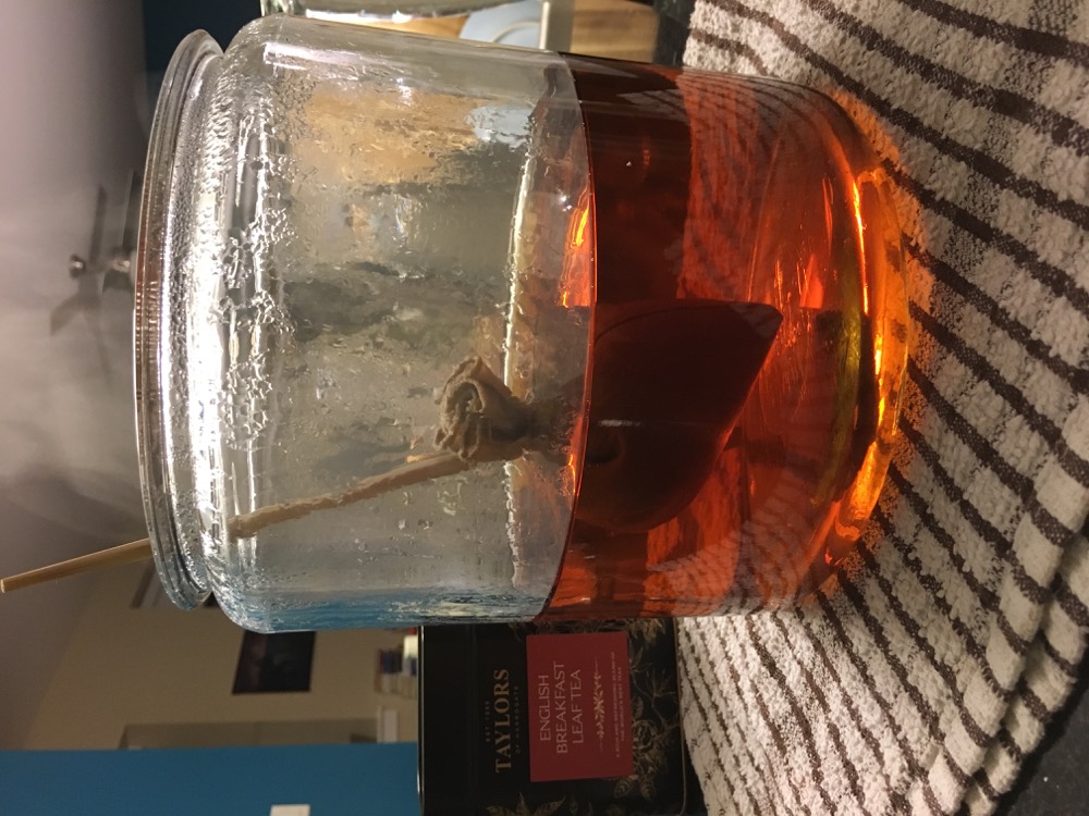 The kombucha tea mixture, which consists of a very large batch of sugar sweetened tea, sits in a large, gallon-sized jug. 