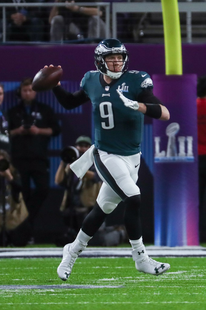 Philadelphia Eagles quarterback Nick Foles drops back to pass on the first quarter against the New England Patriots  Feb 4.