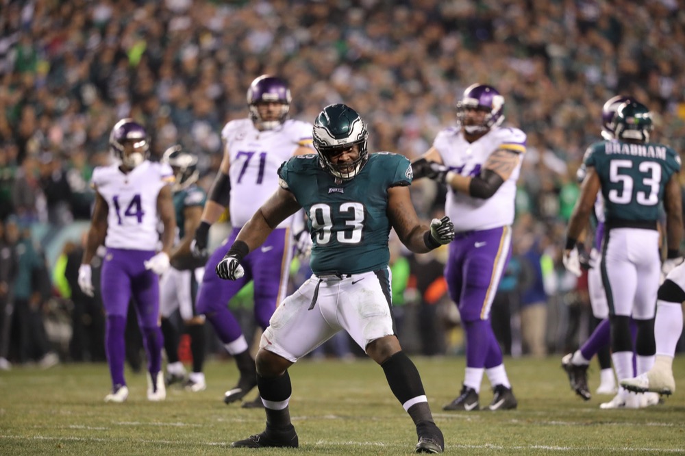 Eagles’ defensive tackle Timmy Jernigan celebrates after stopping a run play in the Eagles NFC Championship victory against the Minnesota Vikings. The Eagles last appeared in the Super Bowl in 2005, when they lost to the Patriots in Jacksonville, Fla.  