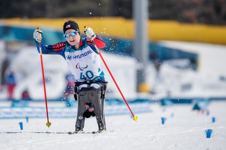  Kendall Gretsch skis towards the finish line at the 2018 Pyeongchang Winter Paralympic Games earlier this month. Gretsch, a Wash. U. graduate, won two gold medals at the games