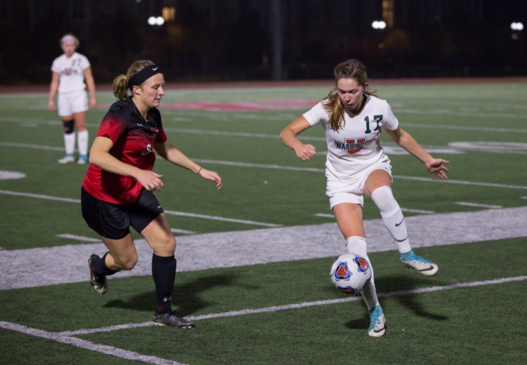 Midfielder Darcy Cunningham controls the ball during a game last season. Cunningham scored Wash. U.’s first goal of the 2018 season Friday as the Bears defeated Loras 3-0 Friday night.