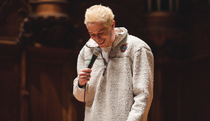 Pete Davidson chuckles on stage during his stand-up performance Wednesday night. Davidson performed an hour-long set as the headliner for Social Programming Board’s fall comedy show.