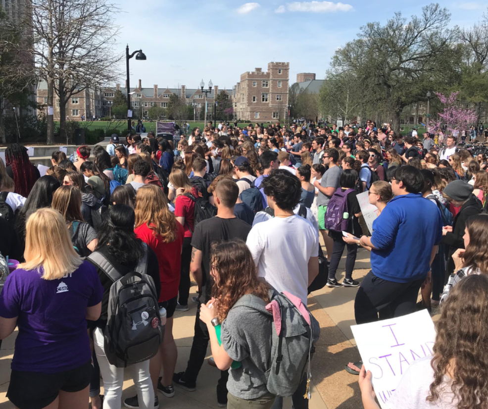Demonstrators gather outside the DUC last April for the Title Mine rally, which was attended by more than 500 people and made demands for change in the University’s Title IX system.