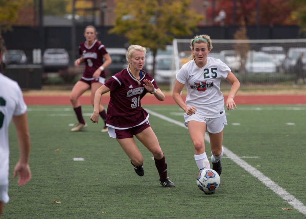 Midfielder Jess Shapiro runs down a ball in the Saturday game against University of Chicago. The Bears were victorious with a 2-0 win, winning the UAA conference with a perfect record.