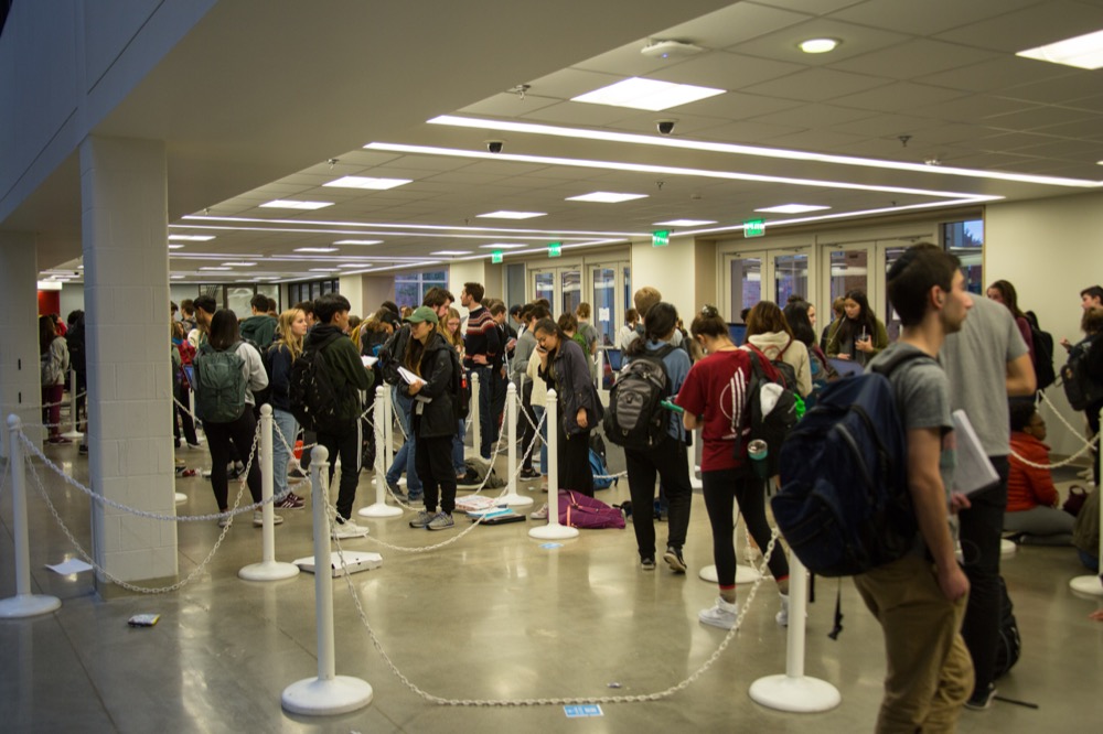 Students wait in line to vote in the Athletic Complex on Washington University’s Danforth Campus on Election Day, Nov. 6. Some students, who primarily live on the South 40 or in the Village, waited up to three hours to vote. The Gephardt Institute held events and performances for students as they waited.