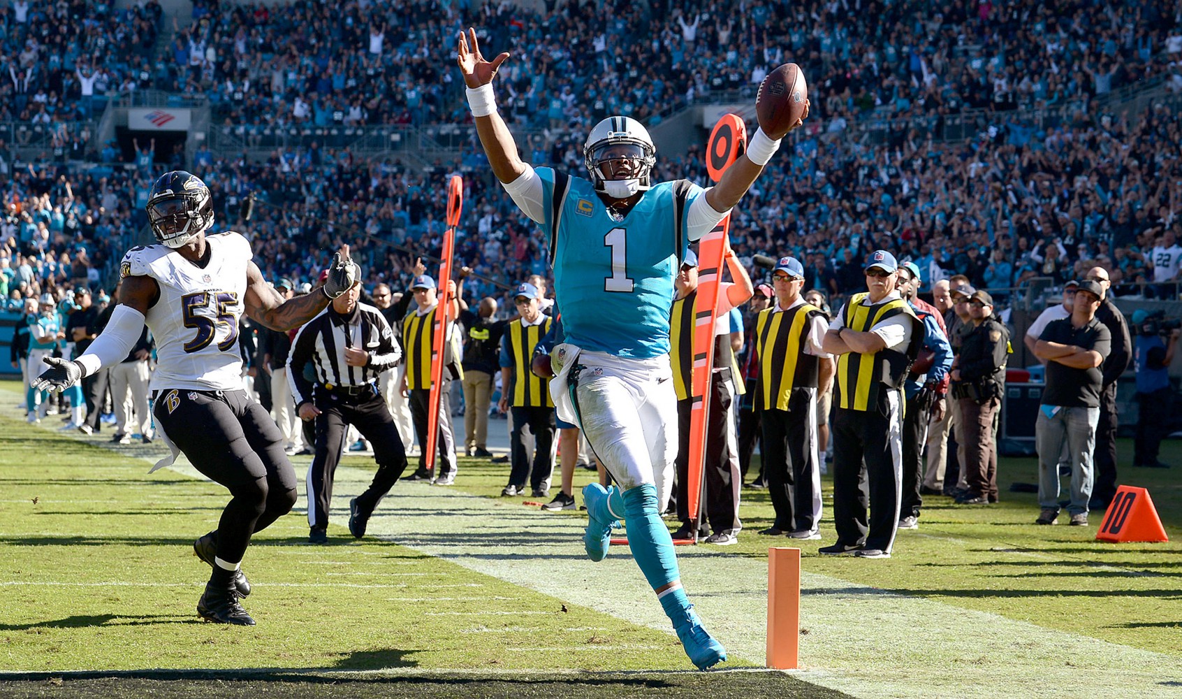 Carolina Panthers quarterback Cam Newton rushes for a touchdown against the Baltimore Ravens during fourth quarter action on Sunday, Oct. 28, 2018 at Bank of America Stadium in Charlotte, N.C. The Panthers defeated the Ravens 36-21.