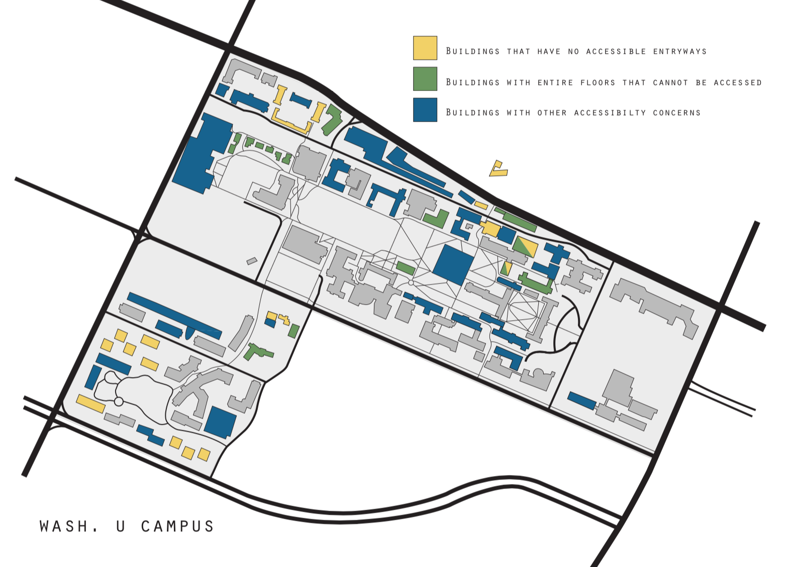 Buildings on the Danforth Campus with accessibility concerns for students with physical disabilities are highlighted according to the University’s published campus accessibility data.