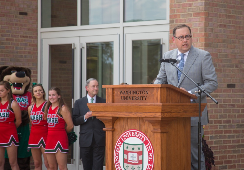 Andrew Martin speaks to the Washington University community and students at a Meet and Greet in September. Martin will assume his role as chancellor-elect on January 1 and begin to manage the day-to-day operations of the University.