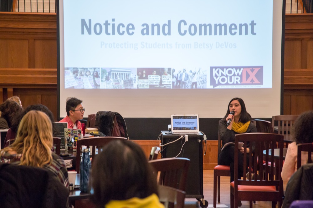 KnowYourIX expert Mina Aria teaches Washington University students and faculty how to write an effective comment on new Title IX regulations at Title Mine’s Comment-Writing Party in December. Title Mine hosted a second Comment-Writing Party on Jan. 17.