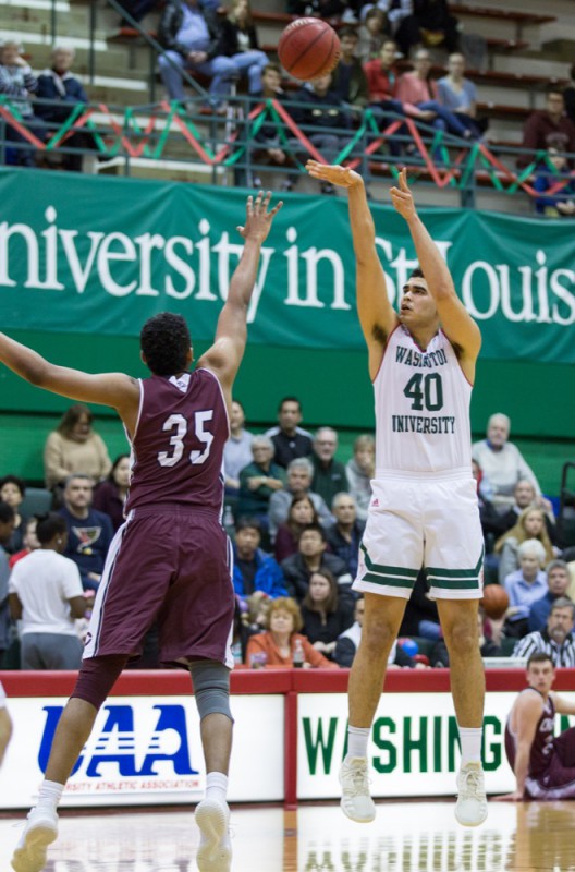 Marcus Meyer, the lone senior on the men’s basketball roster, takes a jump shot against Chicago on Senior Day, Feb. 23.