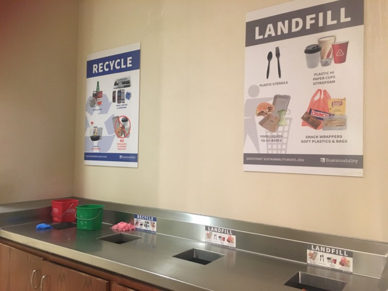 These “Recycle” and “Landfill” posters focus on the proper way to dispose of food, utensils and containers. Many of them are hung near disposal bins across campus. 
