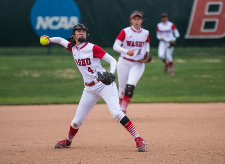 Mikaela Arredondo throws out a runner during the Bears’ game against Emory, April 6, 2018. Arredondo had 11 hits over spring break, including two triples against Susquehanna.