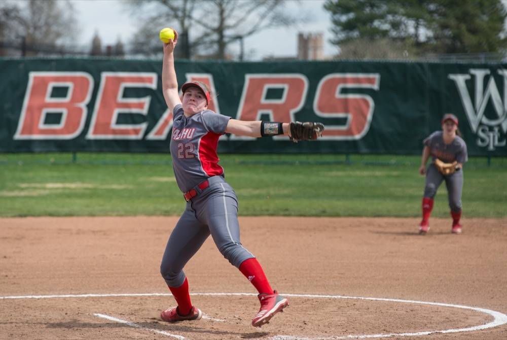 Sophomore Kendall Schwartz pitches to an Emory University batter Apr. 7. The Bears beat Fontbonne University 3-2 Tuesday, sweeping the season series of the Wydown Showdown.