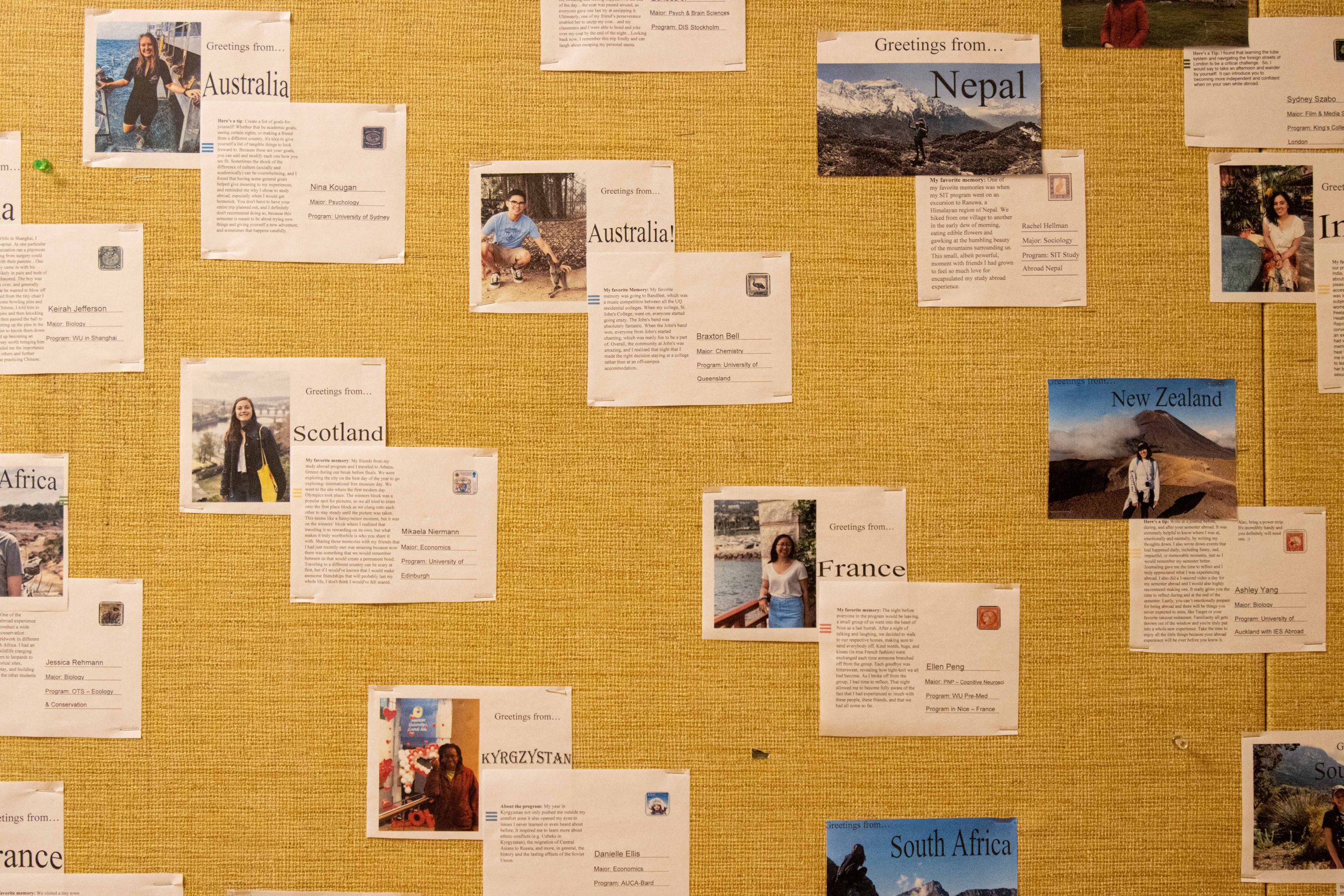 white squares of paper with names of different countries, pictures of students in exotic locations and blocks of text are pinned to a brown cork board