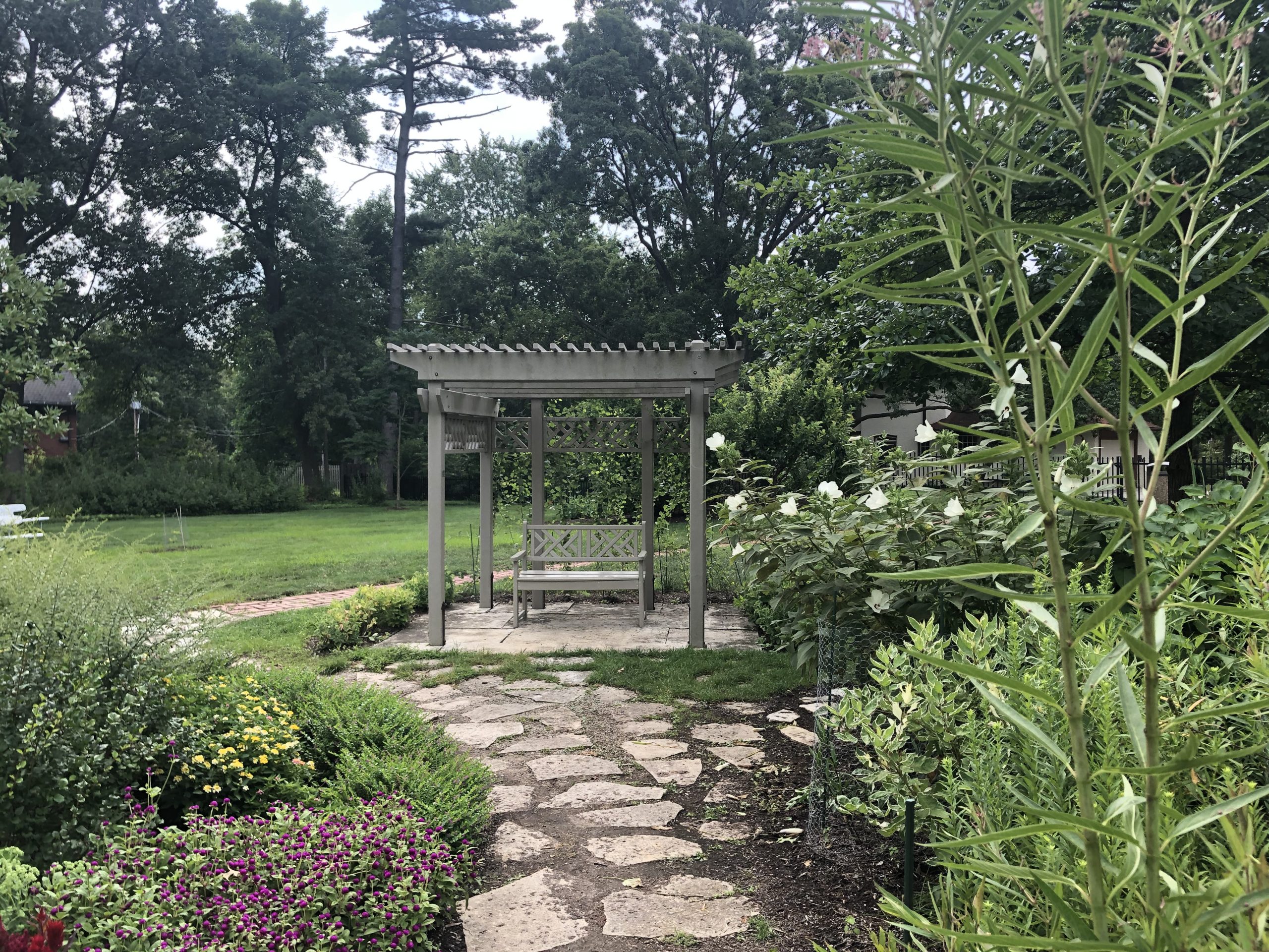 A narrow walkway lined with bushes and trees leads up to a pergola.