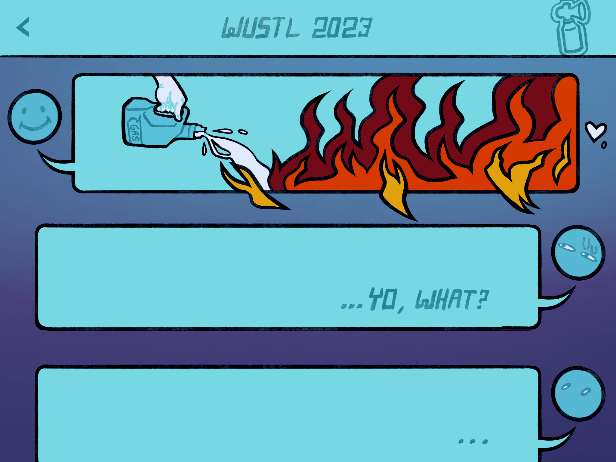 Illustration of gasoline being poured on flaming blue text bubbles.